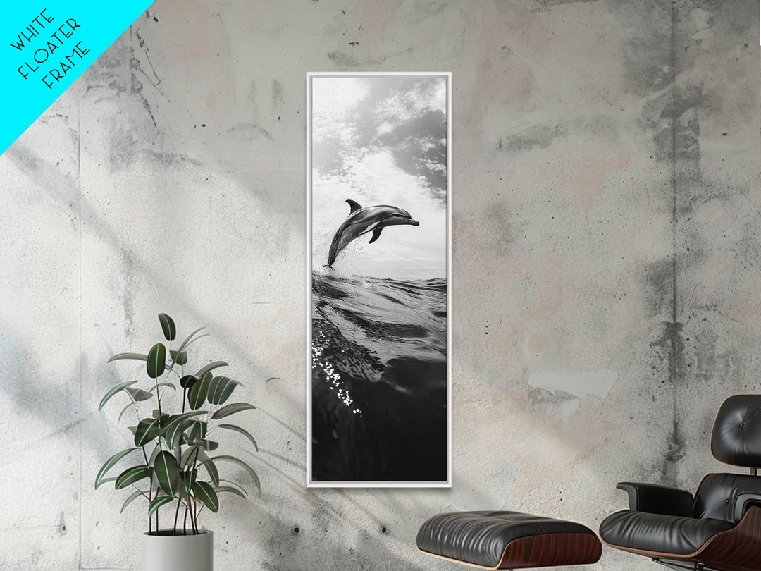 Dolphin Ocean Jump, Black and White Sea Life Print, Coastal Marine Wall Art, Canvas Print, Beach House Decor, Nature Photography