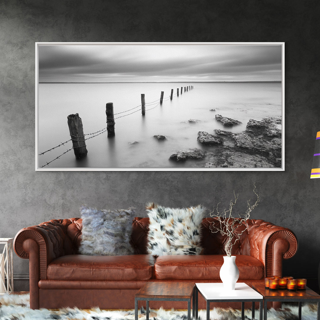 Coastal Fence Line, Tranquil Ocean Scene, Soft Minimalist Photo, Framed Canvas Print, Bathroom or Hallway Wall Art, Zen Vibes