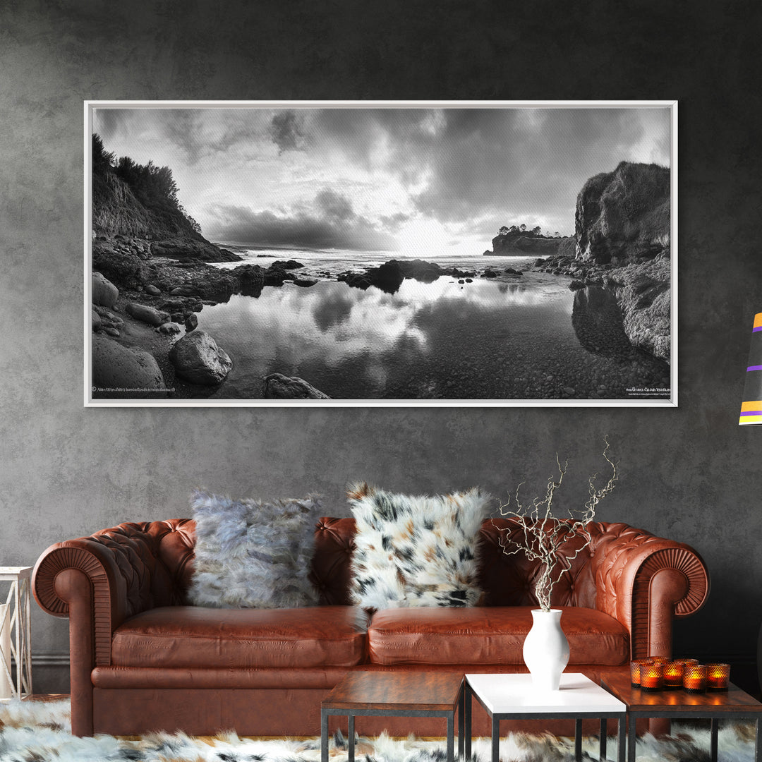 Coastal Reflection, Tide Pools, Dramatic Sky, Ocean Cliff Landscape, Framed Canvas Print, Bedroom Nature Photography Art