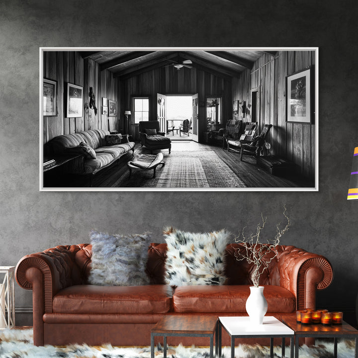 Cozy Cabin Interior, Rustic Living Space, Wood Wall Charm, Canvas Print, Country Living Room Art, Americana Wall Photography