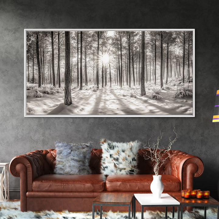 Winter Pine Forest, Sunlight Snow Trees, Nature Landscape Photography, Framed Canvas Print, Cabin Decor, Minimalist Wall Art