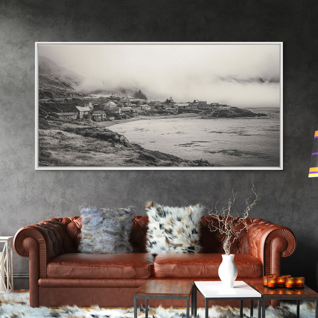 Coastal Fog Village, Misty Ocean Cliff Scene, Black and White Landscape, Canvas Print, Bedroom Wall Art, Rustic Coastal Decor