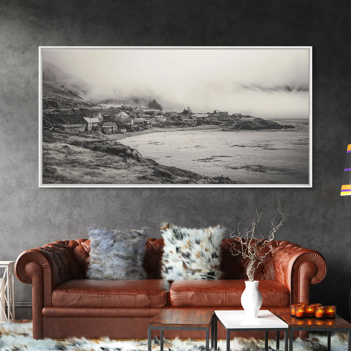 Coastal Fog Village, Misty Ocean Cliff Scene, Black and White Landscape, Canvas Print, Bedroom Wall Art, Rustic Coastal Decor