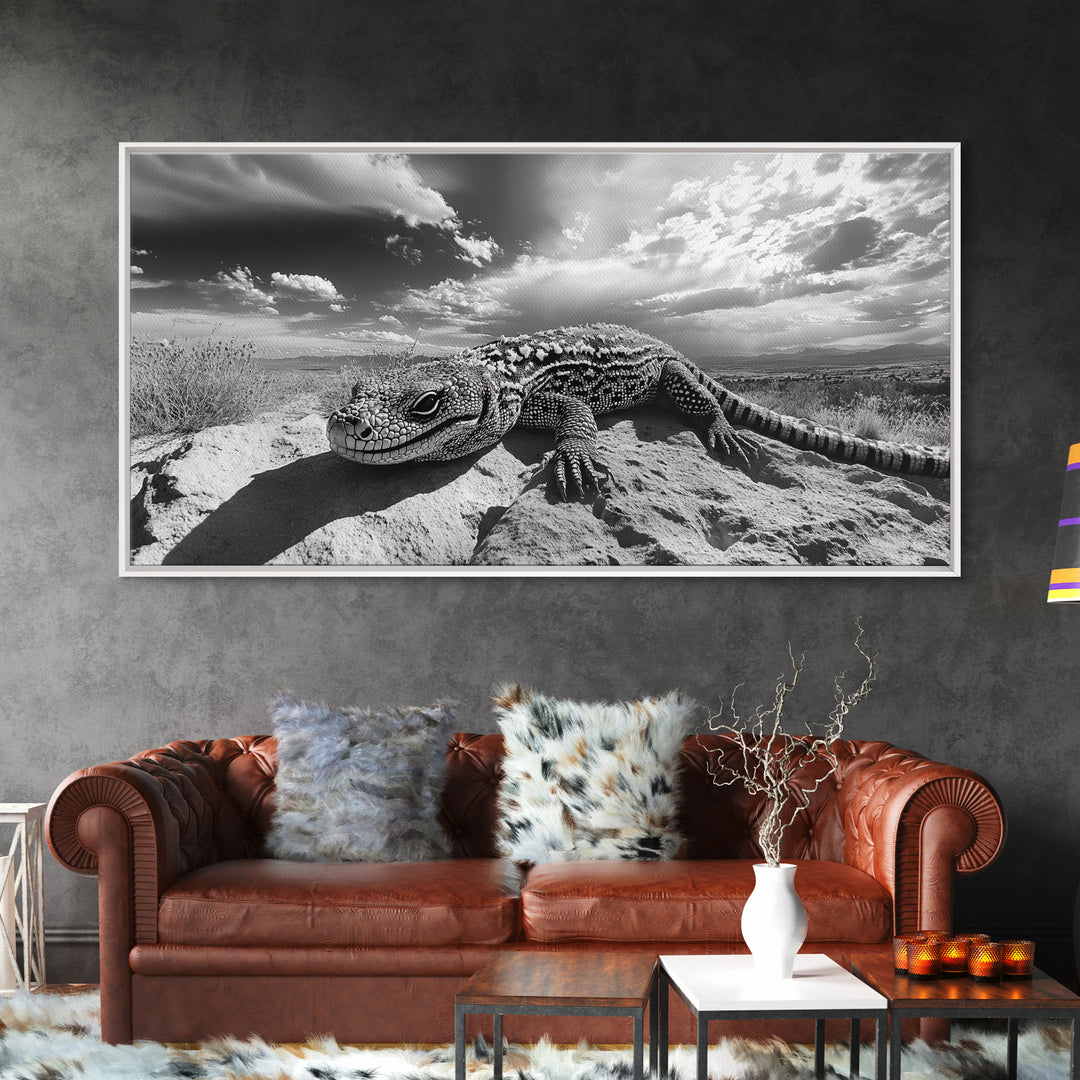 Desert Lizard Close-Up, Reptile Wildlife Photography, Dramatic Sky Scene, Canvas Print, Living Room Wall Art, Nature Decor