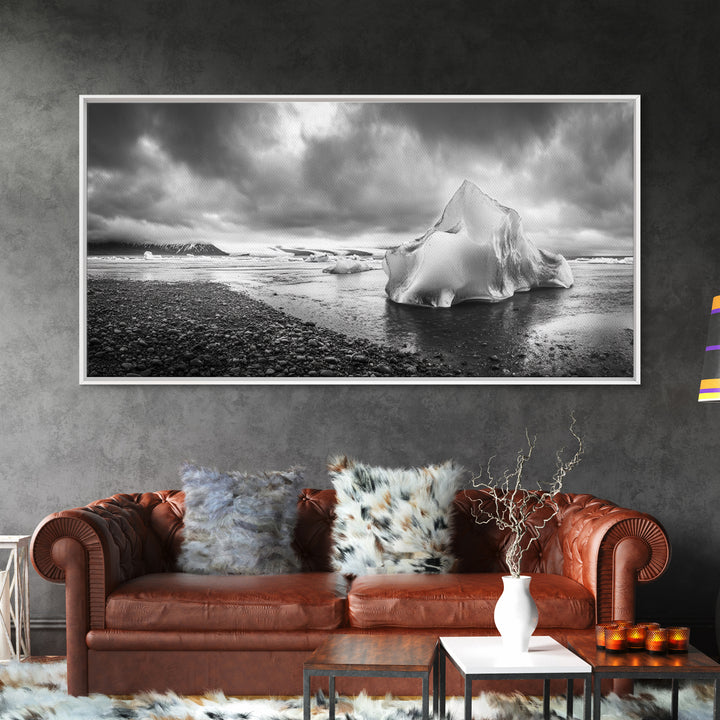 Arctic Iceberg Shore, Moody Cloud Sky, Frozen Water Landscape, Framed Canvas Print, Office Wall Art, Nordic Minimalist Art