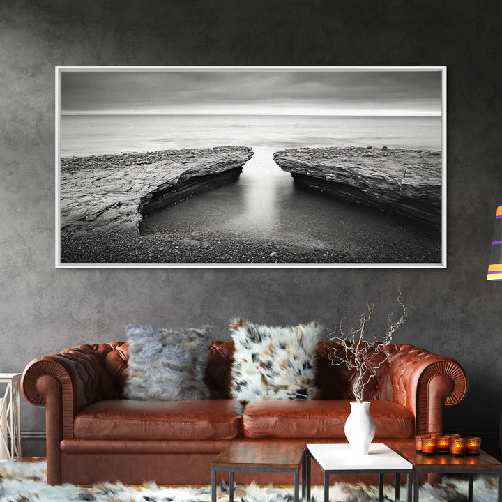 Ocean Rock Split, Calm Seascape Horizon, Monochrome Photography, Canvas Print, Bathroom Wall Art, Zen Coastal Aesthetic, Office Wall Art