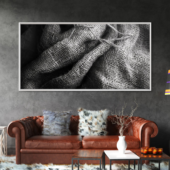 Burlap Texture Close-Up, Woven Fabric Detail Art, Earthy Natural Theme, Framed Canvas Print, Kitchen Wall Art, Boho Textile Decor