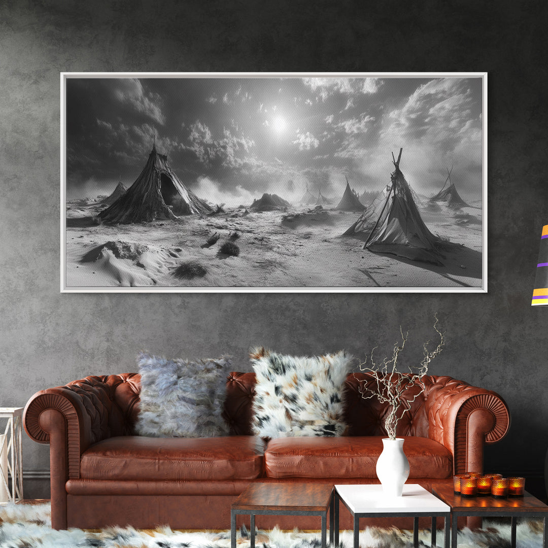 Desert Tent Scene, Surreal Tribal Landscape, Stormy Sky Tents, Canvas Print, Living Room Wall Art, Boho Nomad Aesthetic, Living Room Wall Art