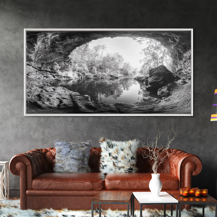 Cave Entrance Lake, Hidden Forest View, Rock Reflection Water, Canvas Print, Hallway Wall Art, Adventure Wilderness Decor, Minimalist Style