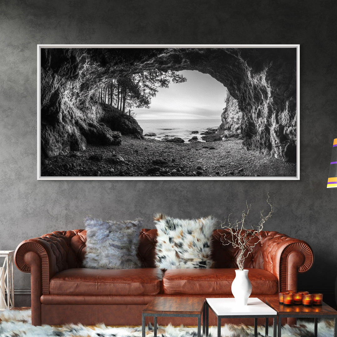 Ocean Cave Opening, Rugged Shoreline Exit, Dramatic Coastal Rock, Canvas Print, Entryway Wall Art, Moody Nautical Decor, Farmhouse Entryway