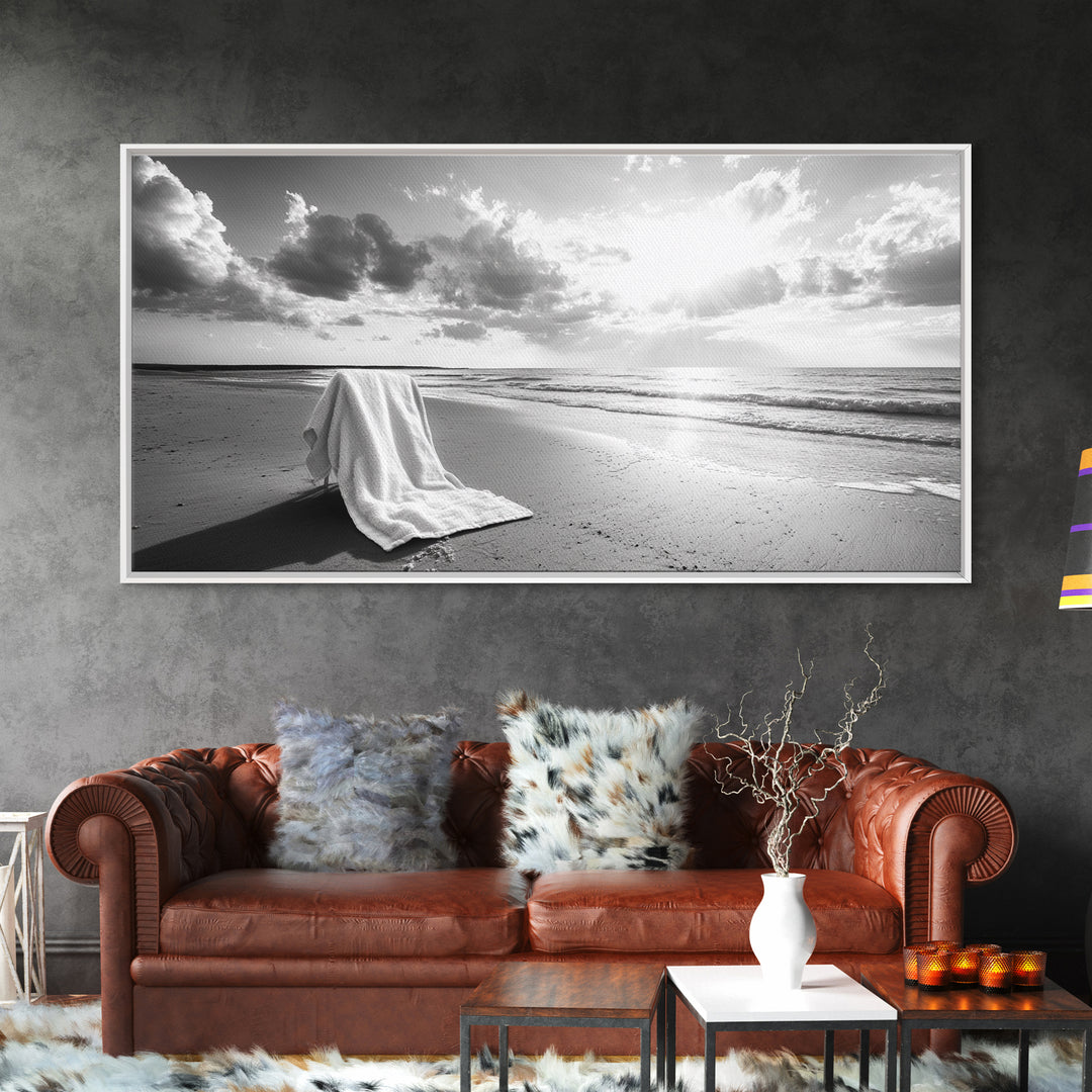 Beach Towel, Serene Shoreline, Peaceful Coastal Scene, Framed Canvas Print, Spa Bathroom Decor, Minimalist Beach Photography