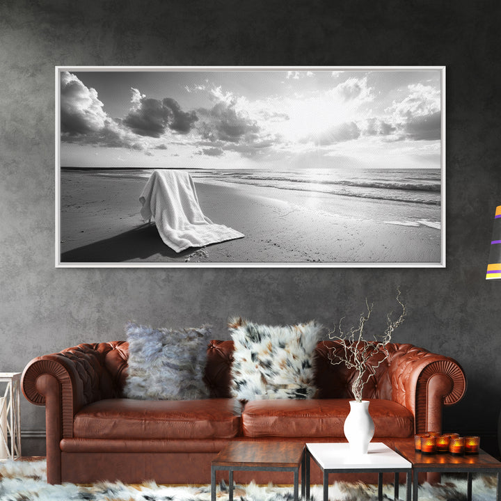 Beach Towel, Serene Shoreline, Peaceful Coastal Scene, Framed Canvas Print, Spa Bathroom Decor, Minimalist Beach Photography