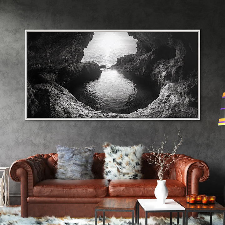 Ocean Cave Sunset, Seascape Art, Black and White Photography, Coastal Decor, Minimalist Style, Canvas Print, Bathroom Wall Art