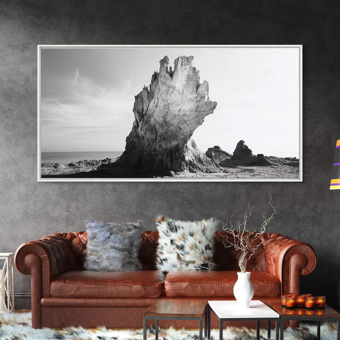 Desert Rock Tower, Surreal Landscape, Modern Nature Art, Canvas Print, Black and White Office Decor, Minimalist Style Piece, Bedroom Wall Art