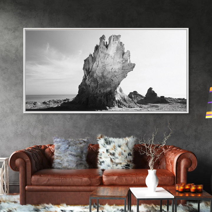 Desert Rock Tower, Surreal Landscape, Modern Nature Art, Canvas Print, Black and White Office Decor, Minimalist Style Piece, Bedroom Wall Art