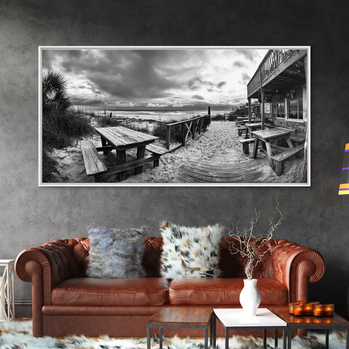 Beach Boardwalk, Coastal Restaurant, Moody Seaside View, Framed Canvas Print, Kitchen or Bar Wall Art, Rustic Autumn Decor