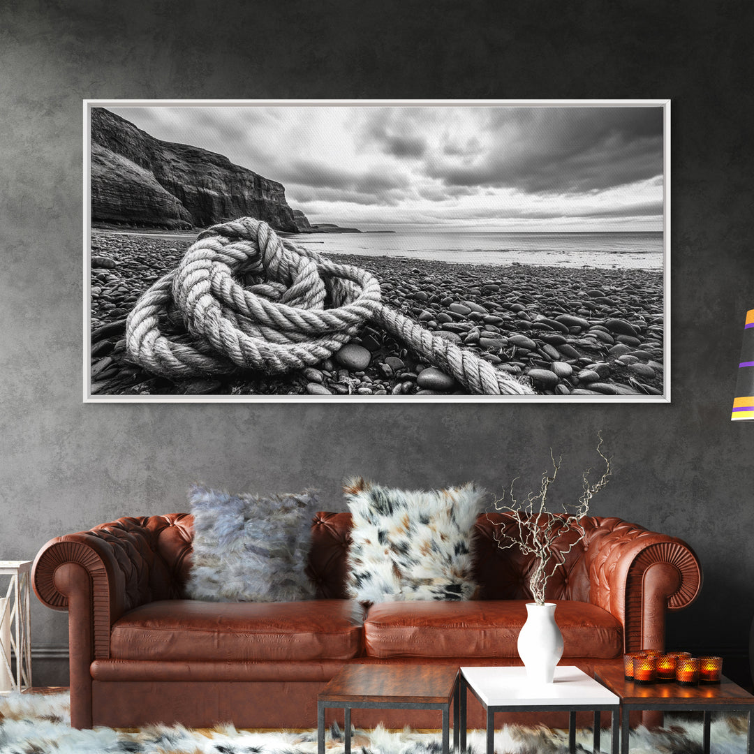 Coastal Rope, Pebble Shore, Nautical Texture, Rugged Seascape, Canvas Print, Bathroom Wall Art, Beach House Style, Moody Ocean Decor