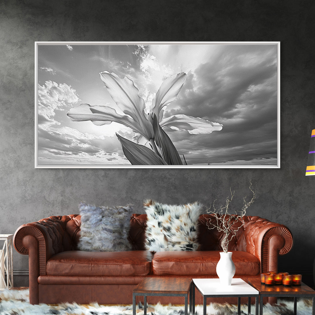 Blooming Iris, Floral Sky, Dreamy Nature, Petal Light, Framed Canvas Print, Modern Bedroom Art, Feminine Wall Art, Botanical Home Decor