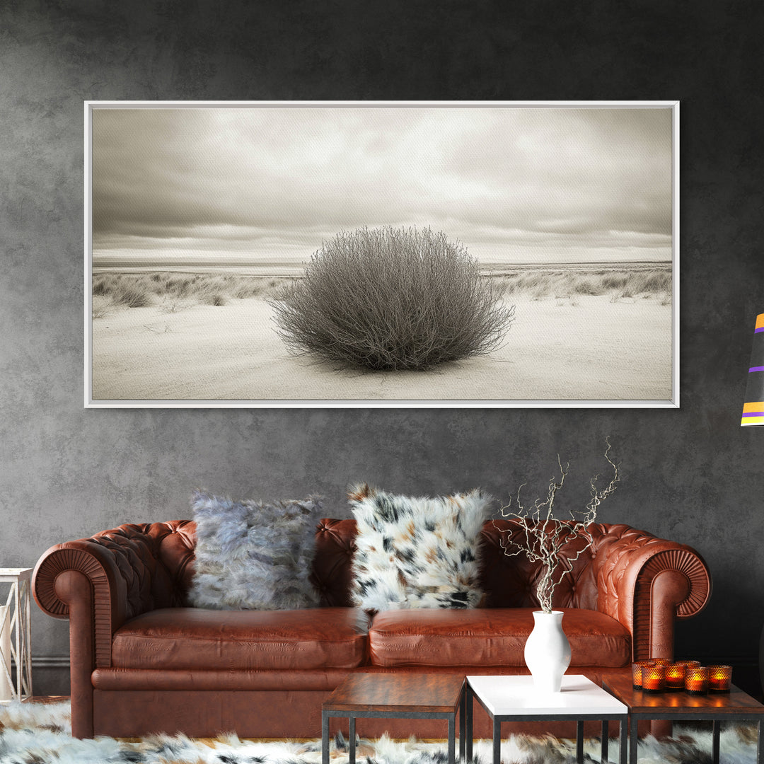 Desert Bush, Minimal Landscape, Dune Scene, Sand Calm, Framed Canvas Print, Boho Bedroom Art, Neutral Wall Decor, Minimalist Style