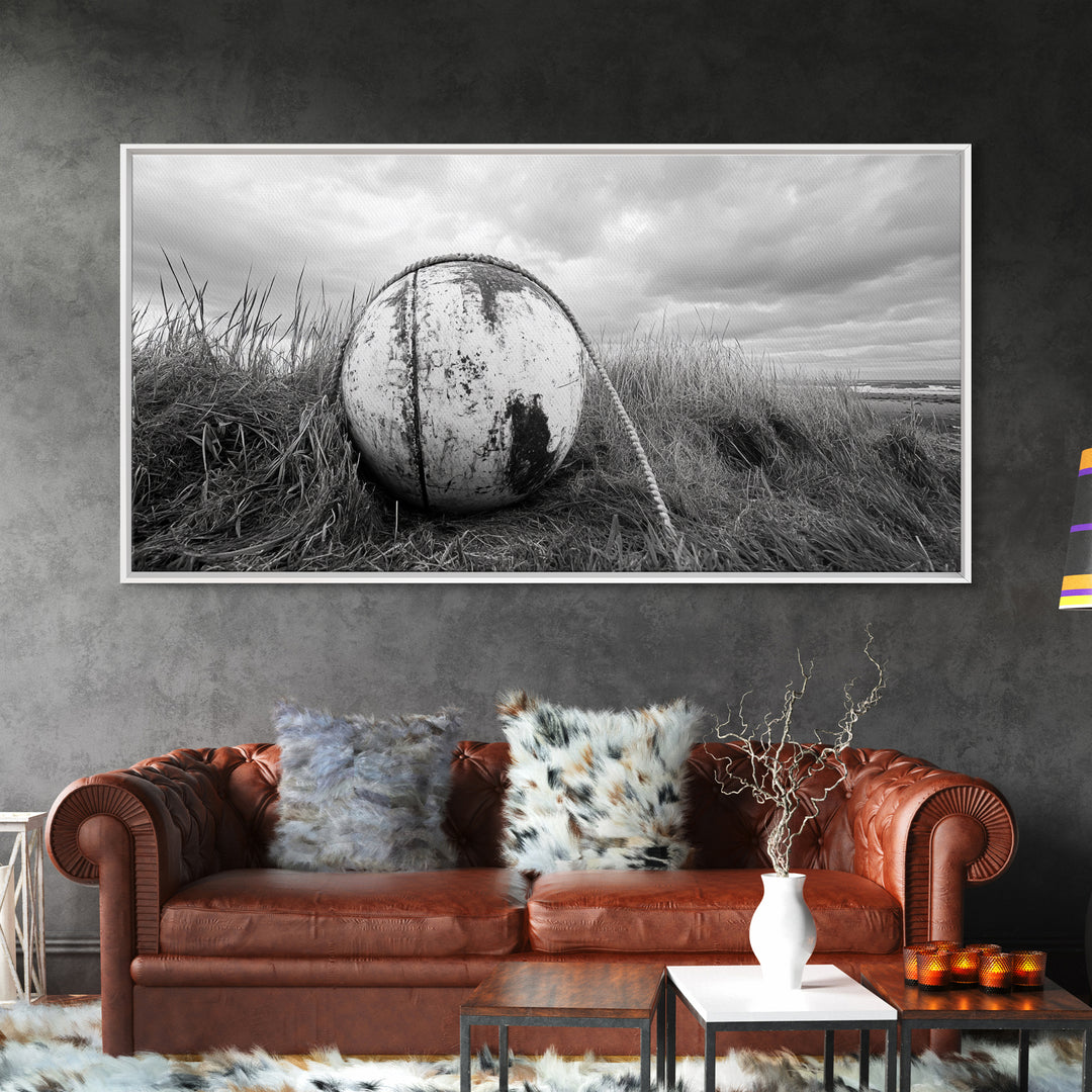Coastal Buoy, Nautical Sphere, Fishing Rope, Beach Grass, Framed Canvas Print, Coastal Bathroom Art, Seaside Wall Decor, Rustic Style