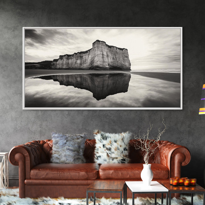 Cliff Reflection, Coastal Monolith, Seashore Beauty, Sunset Vibes, Framed Canvas Print, Living Room Art, Minimalist Beach Scene