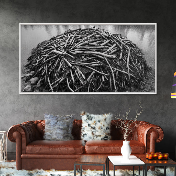 Beaver Lodge, Natural Structure, Earthy River Habitat, Framed Canvas Print, Cabin Wall Art, Nature-Inspired Rustic Fall Decor