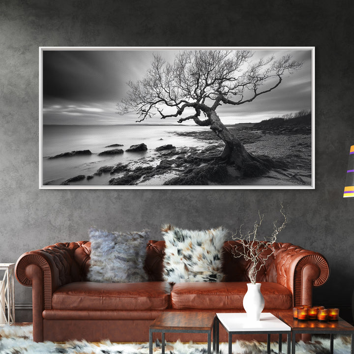 Coastal Tree, Tidal Shore, Windswept Beauty, Natural Balance, Framed Canvas Print, Bedroom Wall Art, Boho Decor, Serene Seascape