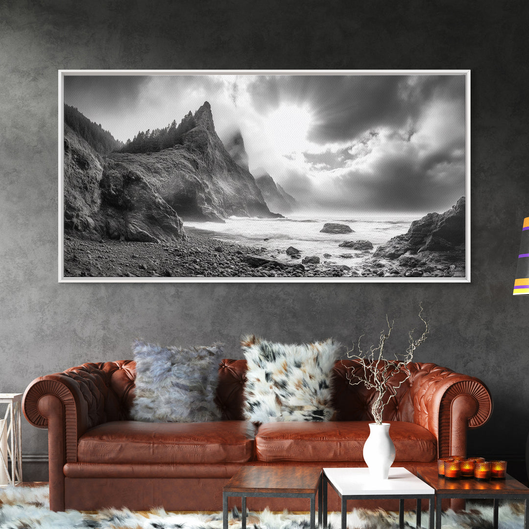 Coastal Cliffside, Stormy Sea, Dramatic Sky, Ocean Mood, Framed Canvas Print, Monochrome Art, Living Room Beach House Decor
