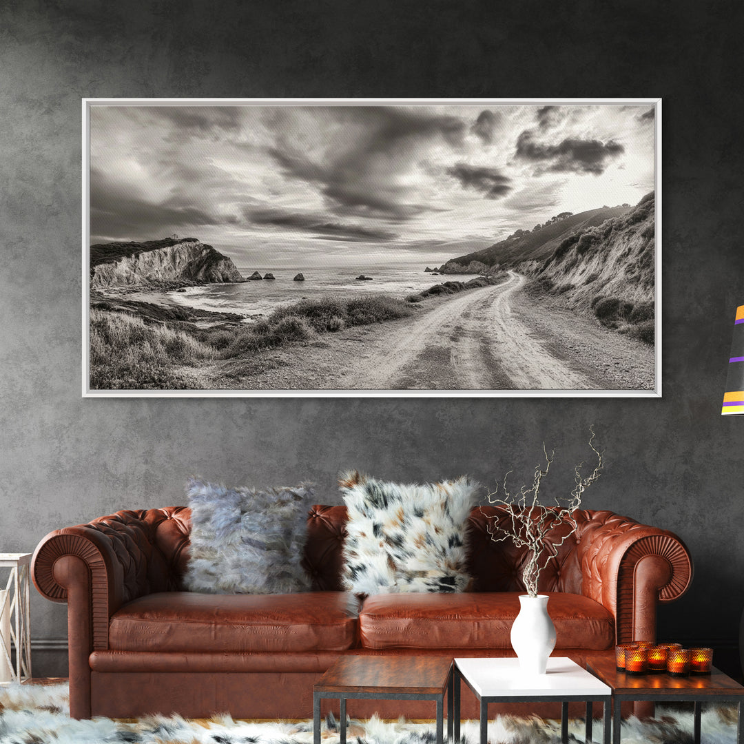Coastal Road, Scenic Journey, Ocean Path, Cloudy Sky, Framed Canvas Print, Rustic Wall Art, Entryway Wanderlust Landscape, Coastal House