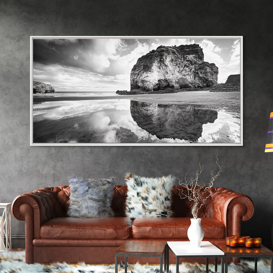 Beach Reflection, Seaside Rock, Cloudy Horizon, Coastal View, Framed Canvas Print, Minimalist Wall Art, Bathroom Ocean Decor