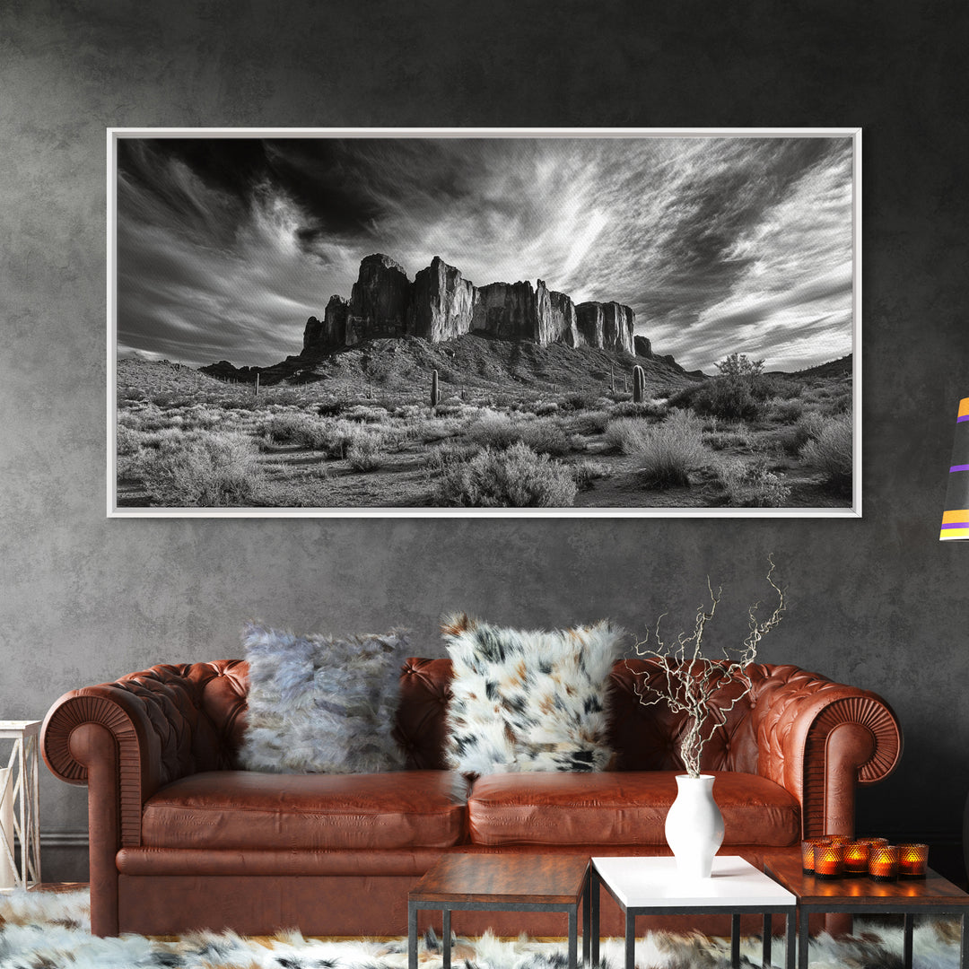 Desert Mesa, Dramatic Sky, Western Landscape, Cactus Field, Framed Canvas Print, Rustic Wall Art, Living Room Southwest Decor
