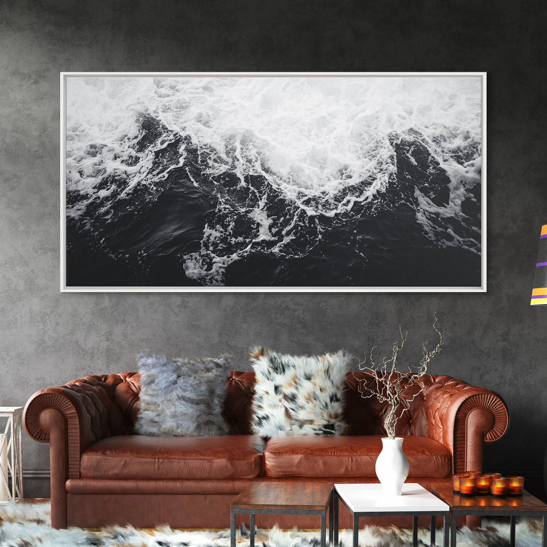 Ocean Texture, Crashing Waves, Abstract Sea, Monochrome Motion, Framed Canvas Print, Coastal Wall Art, Bathroom Minimalist Decor