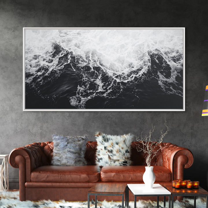 Ocean Texture, Crashing Waves, Abstract Sea, Monochrome Motion, Framed Canvas Print, Coastal Wall Art, Bathroom Minimalist Decor