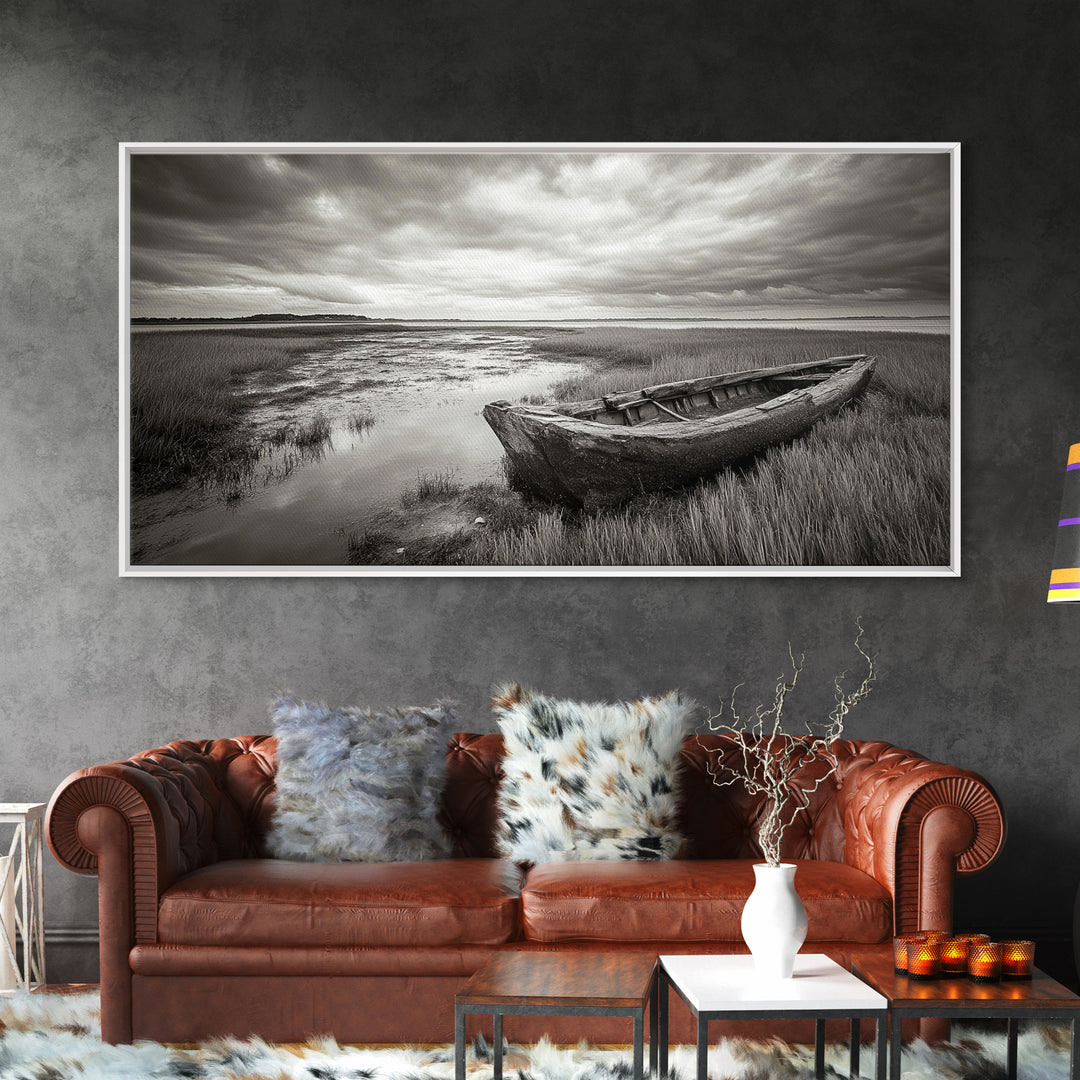 Abandoned Boat, Coastal Marsh Scene, Sepia Seascape, Framed Canvas Print, Living Room Wall Art, Moody Autumn Nautical Decor