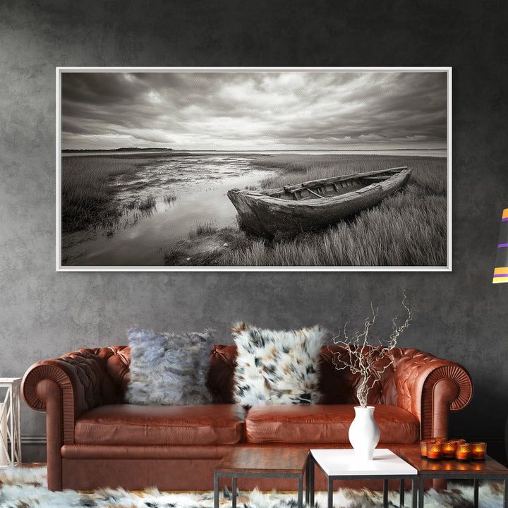 Abandoned Boat, Coastal Marsh Scene, Sepia Seascape, Framed Canvas Print, Living Room Wall Art, Moody Autumn Nautical Decor