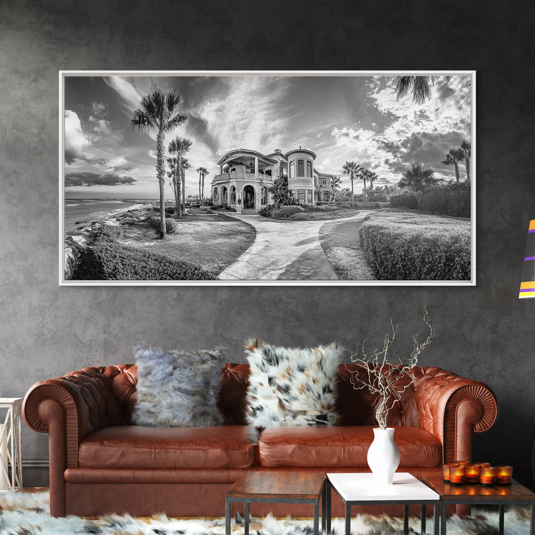 Beach Mansion Wall Art, Tropical Coastal House, Luxury Villa Print, Palm Tree Canvas Print, Living Room Decor, Modern Home Wall Art