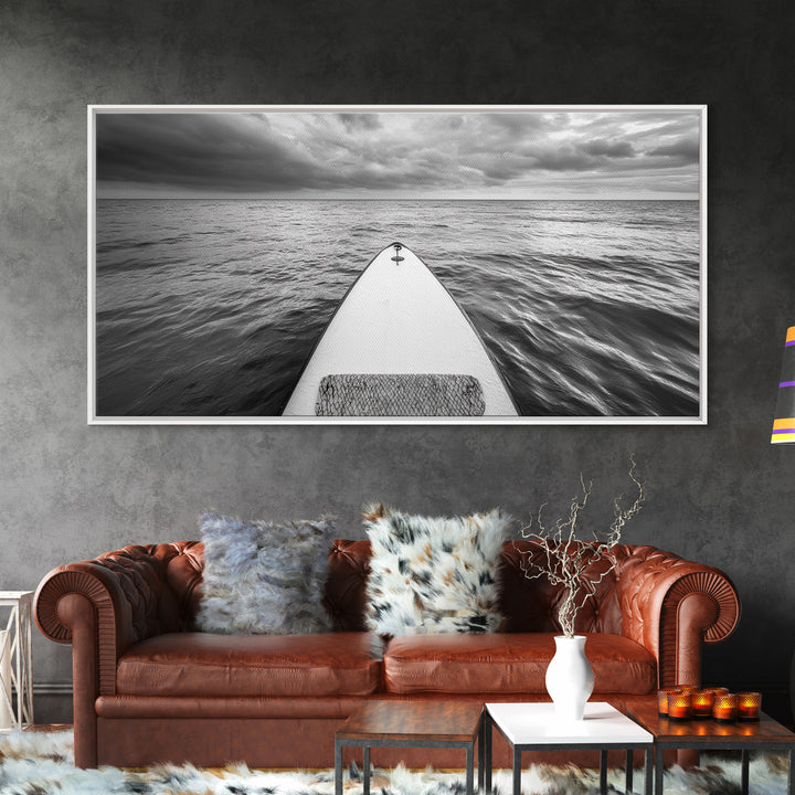 Ocean Horizon Board, Paddleboarding Adventure, Cloudy Sea Landscape, Framed Canvas Print, Modern Coastal Office or Living Room Art