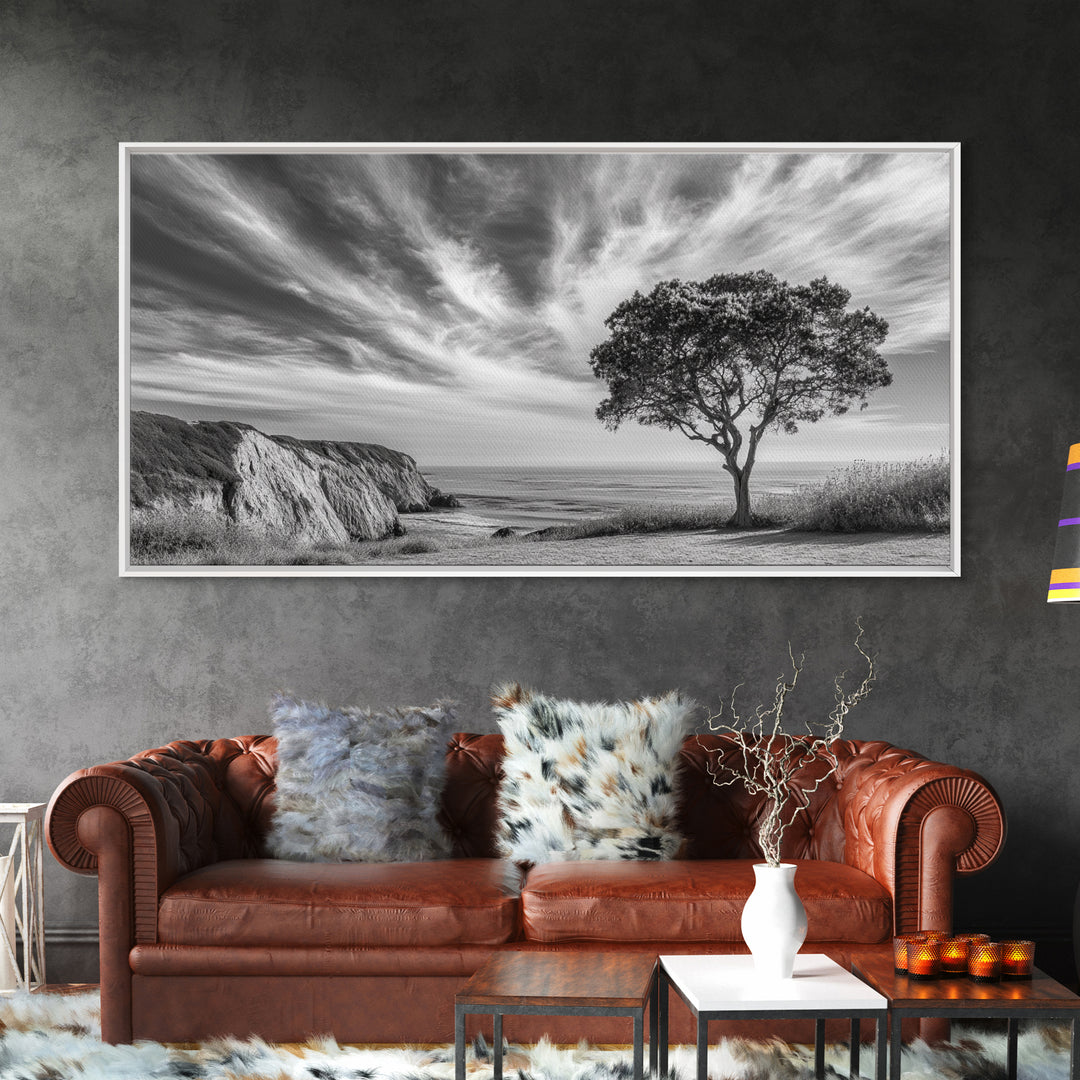 Coastal Tree Cliff, Ocean Breeze Scene, Scenic Nature Vibes, Framed Canvas Print, Boho Bedroom or Serene Living Room Wall Art