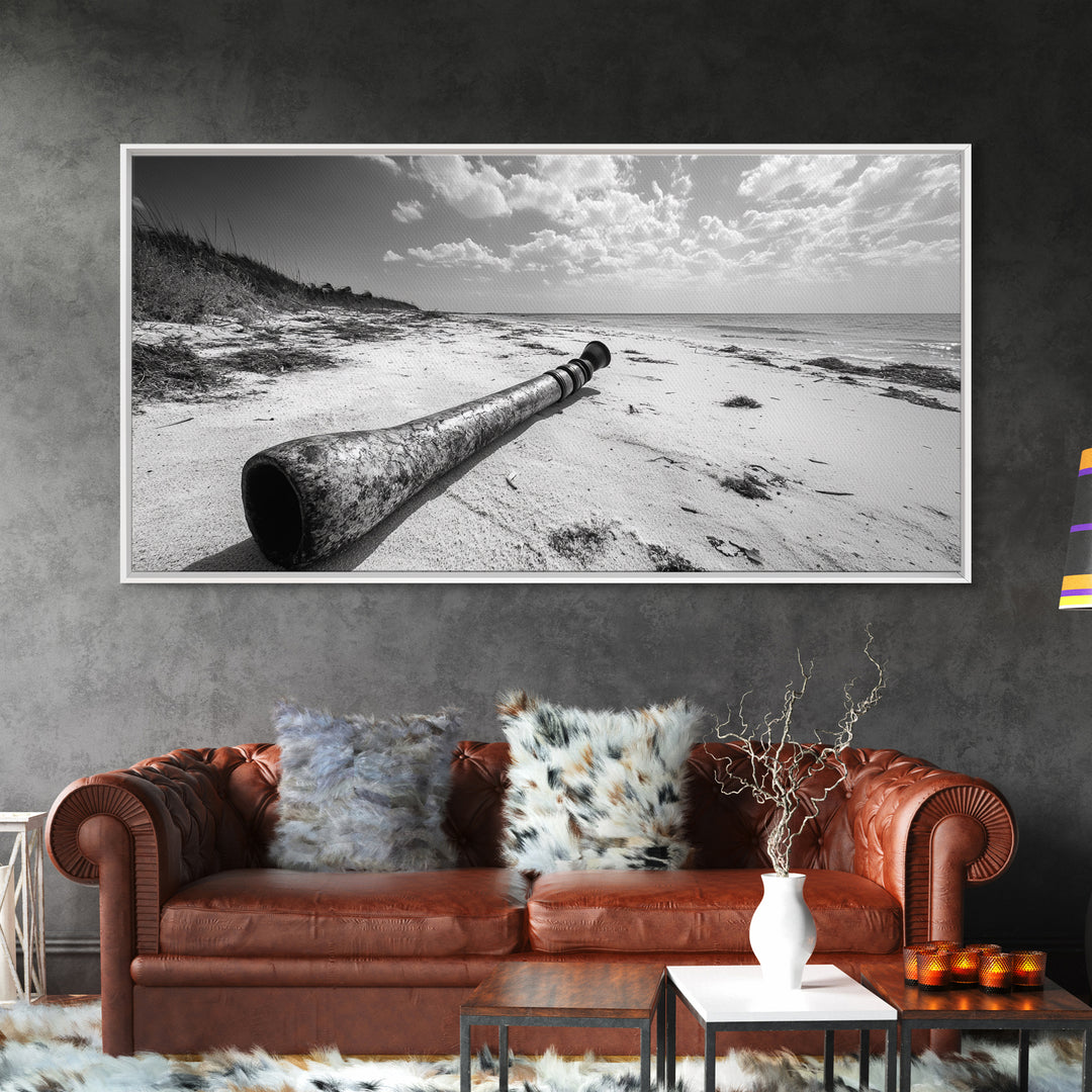 Abandoned Beach Pipe, Surreal Coastal Scene, Washed Ashore Photography, Framed Canvas Print, Moody Living Room or Fall Wall Art