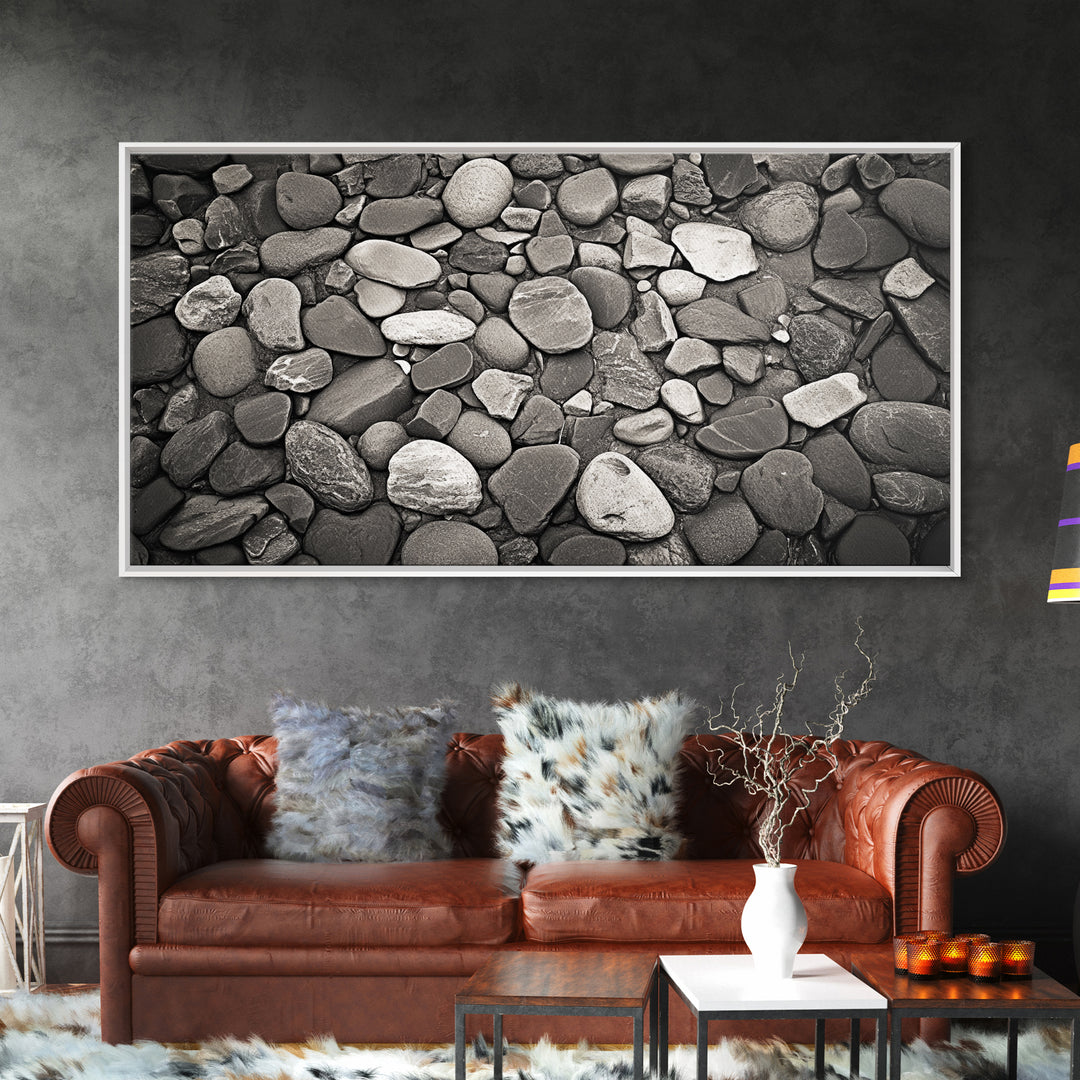 River Stones, Zen Rock Pattern, Natural Earth Tones, Minimal Decor, Framed Canvas Print, Modern Bathroom Spa Wall Art, Living Room Wall Art