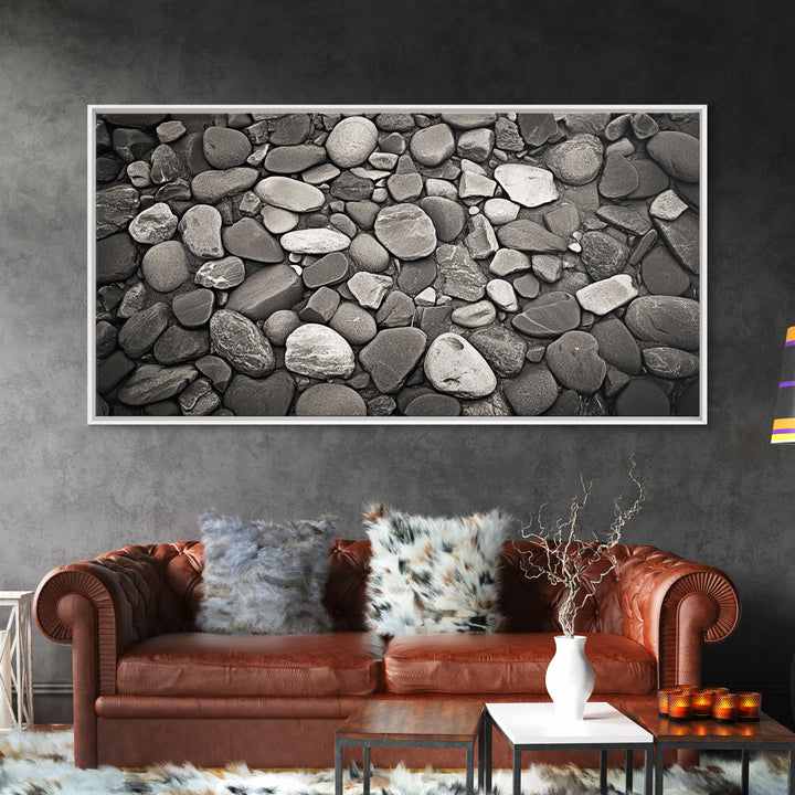 River Stones, Zen Rock Pattern, Natural Earth Tones, Minimal Decor, Framed Canvas Print, Modern Bathroom Spa Wall Art, Living Room Wall Art