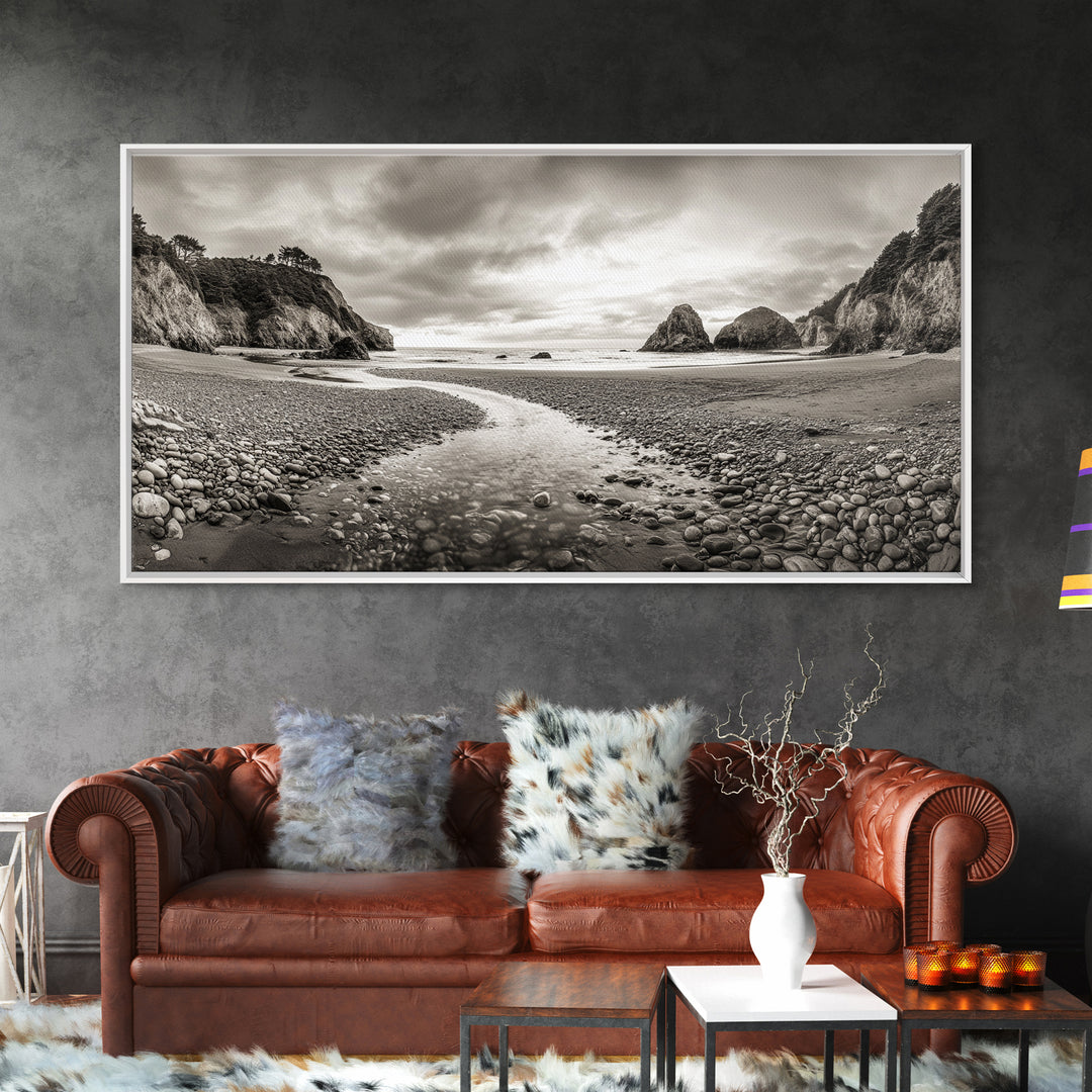Coastal Pebble Beach, Pacific Shoreline, Serene Nature Landscape, Framed Canvas Print, Neutral Bedroom or Fall Living Room Wall Art