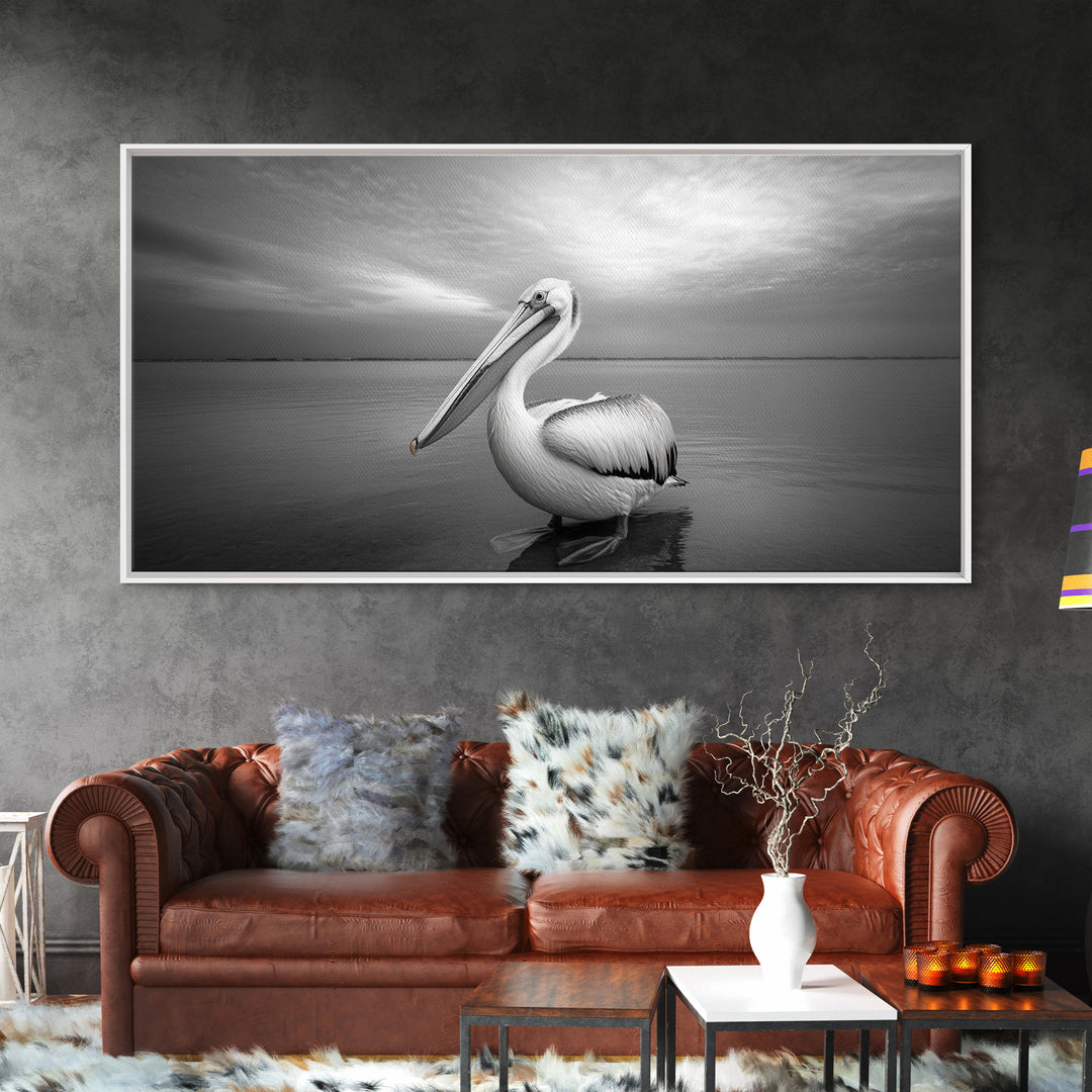 Ocean Pelican, Peaceful Bird Portrait, Coastal Wildlife Art, Framed Canvas Print, Minimalist Entryway or Beach House Wall Art
