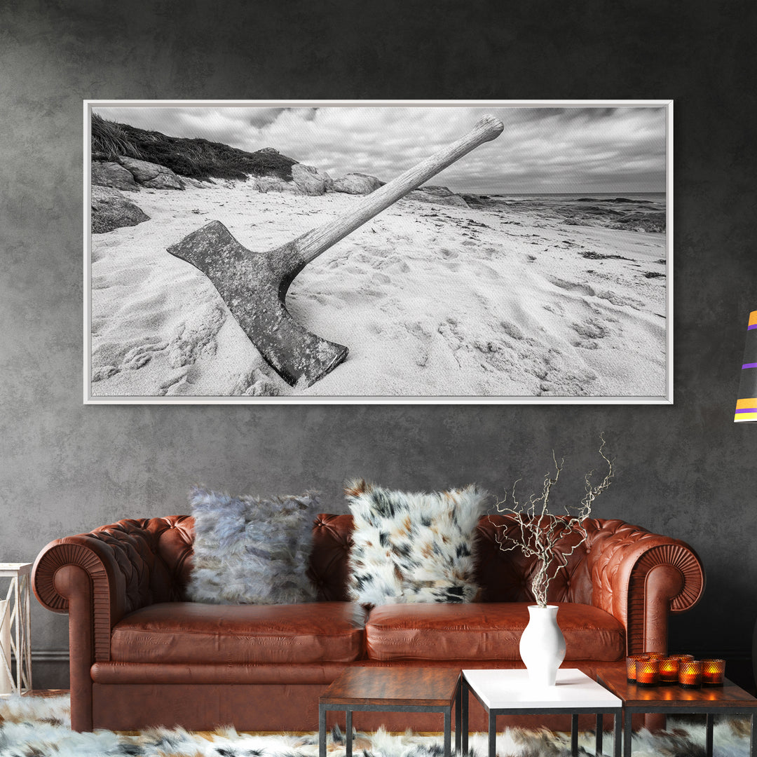 Axe in Sand, Abandoned Tool Scene, Rustic Coastal Mood, Framed Canvas Print, Cabin Wall Art or Moody Fall Living Room Decor, Bathroom Wall Art