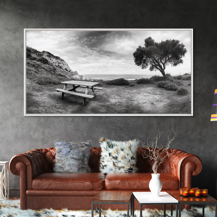 Picnic Table View, Coastal Meadow Scene, Tree and Cliff Horizon, Framed Canvas Print, Relaxing Kitchen or Outdoor Patio Wall Art