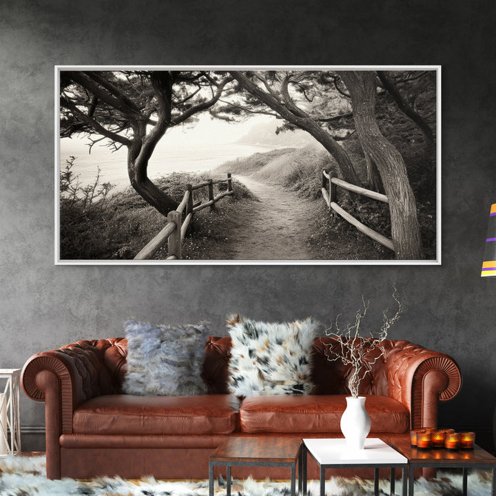 Ocean Cliff Path, Framed Trail Trees, Coastal Escape Scene, Framed Canvas Print, Boho Bedroom or Peaceful Hallway Wall Art, Entryway Accent
