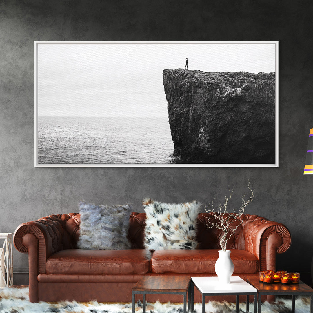 Ocean Cliff, Brave Explorer, Minimal Landscape, Adventure Wall Art, Framed Canvas Print, Modern Home Decor, Inspirational Office Art