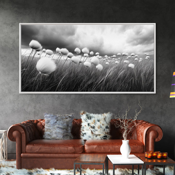 Cotton Grass Field, Stormy Sky Art, Botanical Monochrome, Minimalist Nature Print, Framed Canvas Print, Bedroom Wall Art, Nordic Style