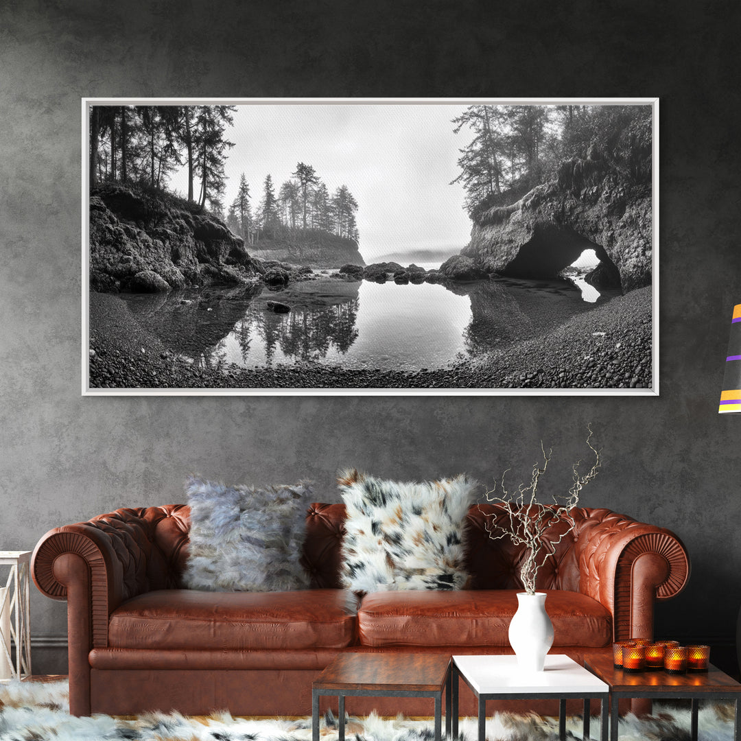 Coastal Cave Reflections, Misty Tidepool Scene, Moody Nature Landscape, Canvas Print, Living Room Wall Art, Black And White Art