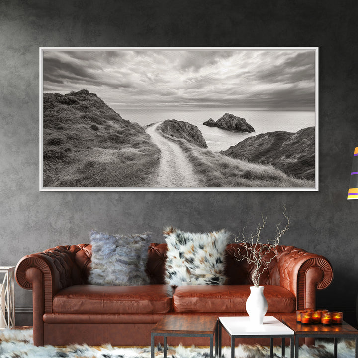 Coastal Cliff Path, Ocean View Trail, Windswept Grass Art, Seaside Wall Decor, Framed Canvas Print, Bedroom Art, Nature Lover Gift